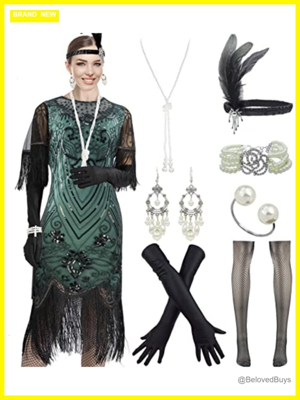 1920s Flapper Dress Set Sequin Lace Neck Long Sleeve Gatsby Costume